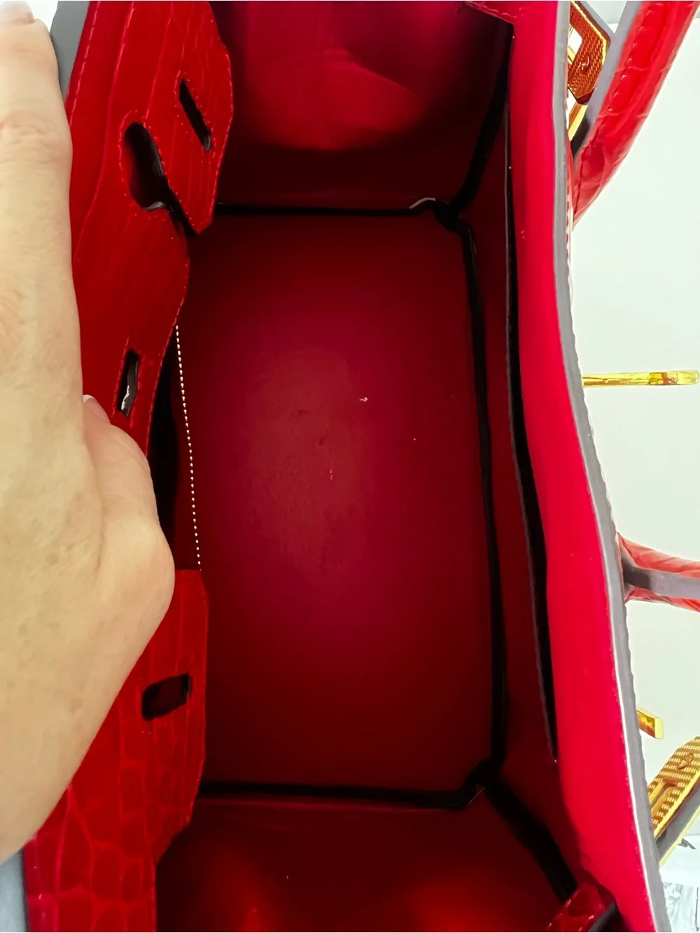 Red Croc-Embossed Structured Top-Handle Bag
